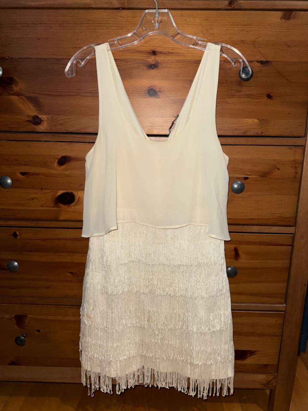 American Eagle Outfitters Ivory Fringe Tiered Mini Dress